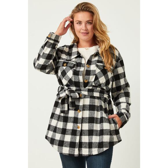 HAYDEN Maylee Plus Black Check Belted Long Shacket 1x - Picture 1 of 6
